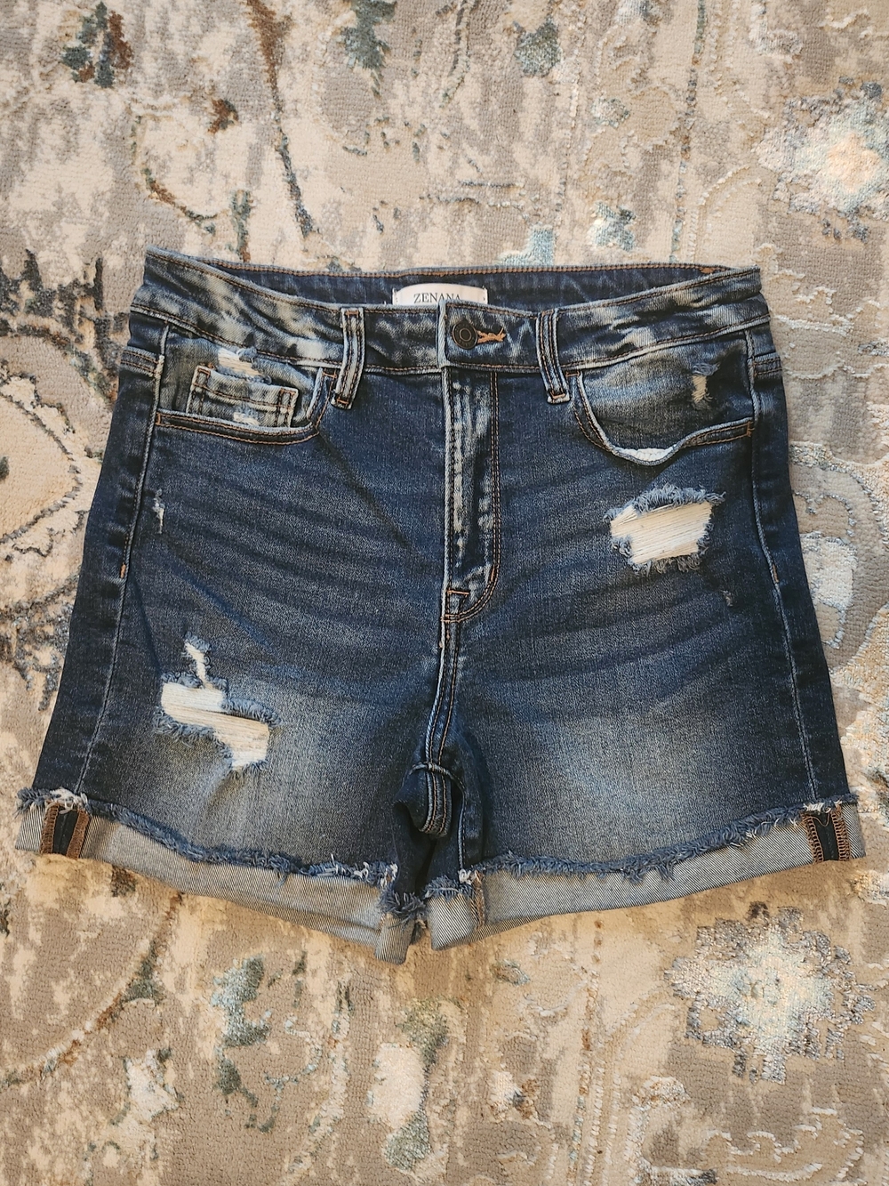 Zenana Outfitters Dark Blue Distressed Denim Cutoff Shorts